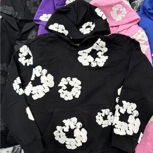 Black Floral Hoodie with White Accents